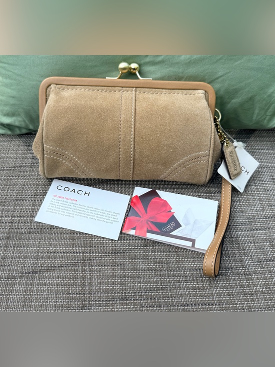 Coach Handbags - COACH Suede Wristlet Clutch in Tan
